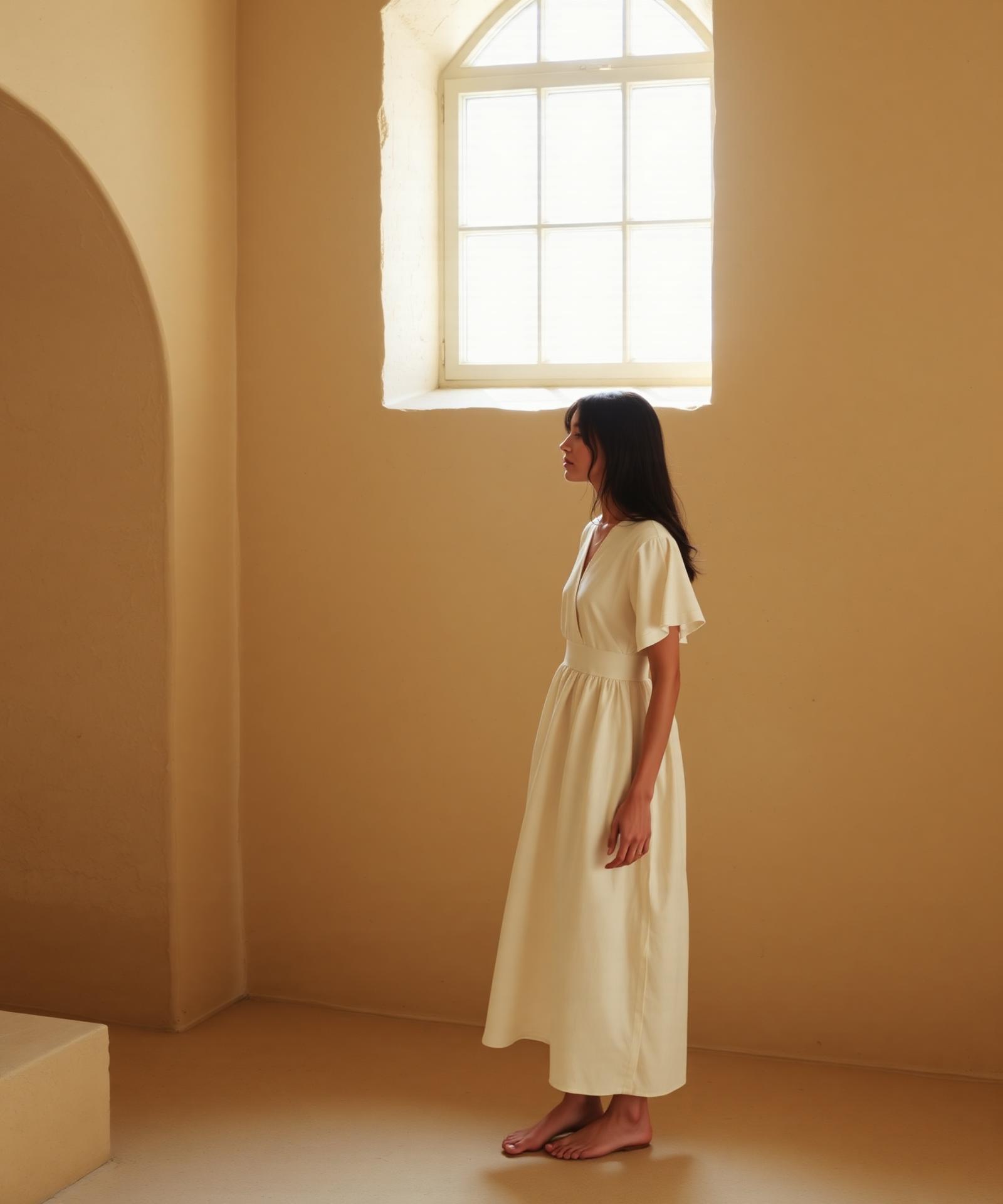 A woman in a soft cream dress standing near a warm-lit window